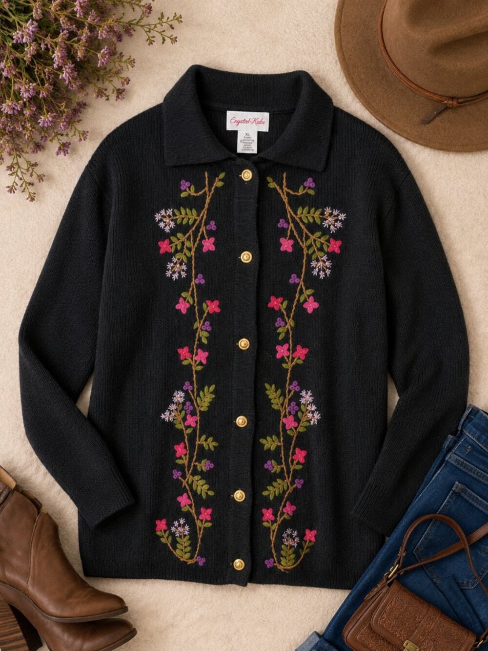 Crystal-Kobe Embroidered Floral Cardigan Sweater XL Cottagecore Grandpa Chic